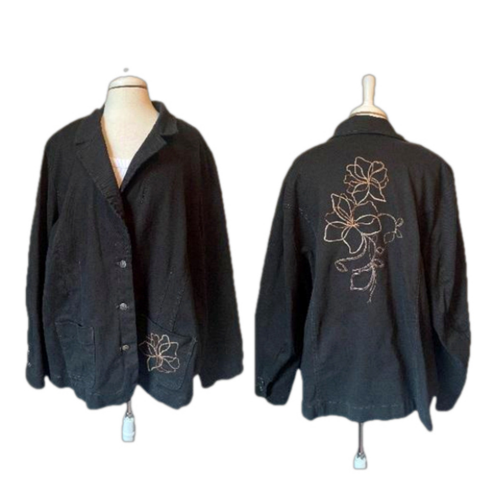 Liz & Me New Women's 2X‎ Western Embroidered Floral Black Denim Blazer Jacket